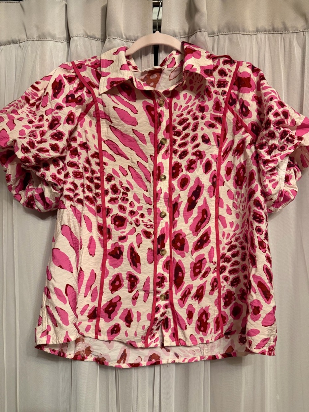 entro Pink and Cream Animal-Print Button Front Blouse